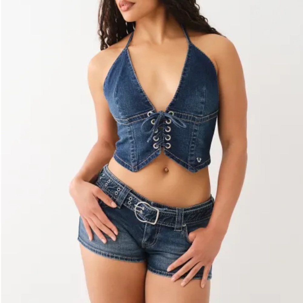 True Religion Denim Halter Top and Shorts Set - Blue